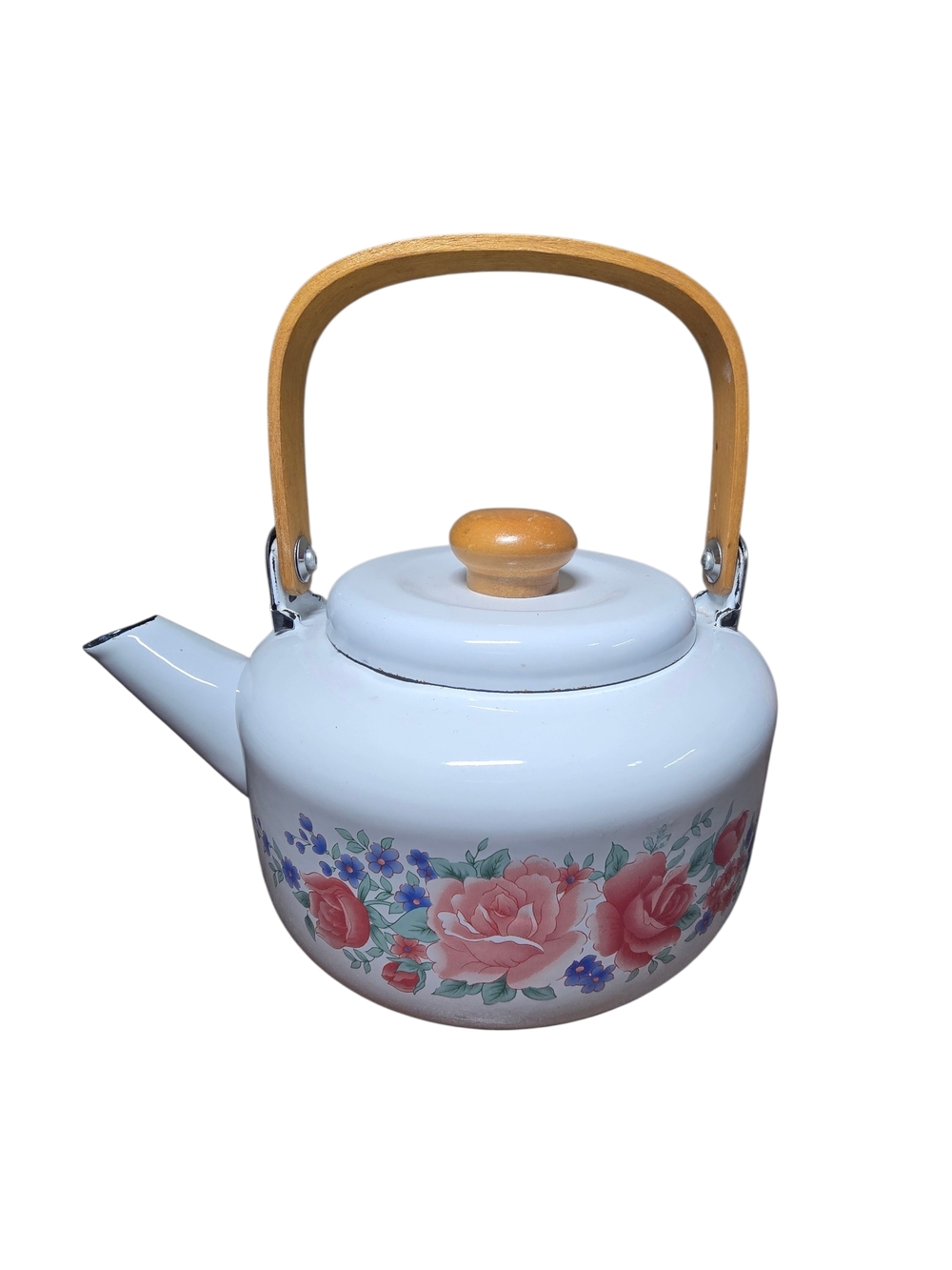 Vintage Enamel Floral Tea Kettle with Bentwood Handle